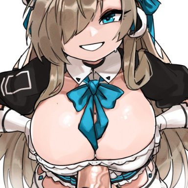 blue archive, asuna (blue archive), zanamaoria, 1boy, 1girls, blonde hair, blue eyes, breasts, cleavage, female, hair over one eye, height difference, huge breasts, huge cock, long hair