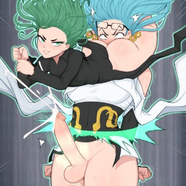 one-punch man, psykos, tatsumaki, afrobull, 1futa, 1girls, ass, balls, big ass, big butt, blue eyes, blue hair, cum, ejaculation, erection