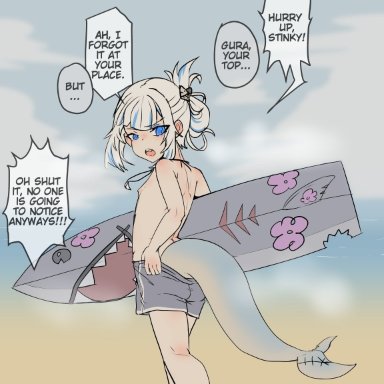 hololive, hololive english, gawr gura, moral cacoethes, 1girls, beach, female only, flat chested, male swimwear challenge, pettanko, shark girl, shark tail, shark teeth, small breasts, surfing board