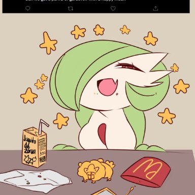 pokemon, bidoof, gardevoir, saltyxodium, 1girls, big breasts, crest, crumbs, cute, eyes mostly closed, food, fries, gray background, hair over one eye, hands on table