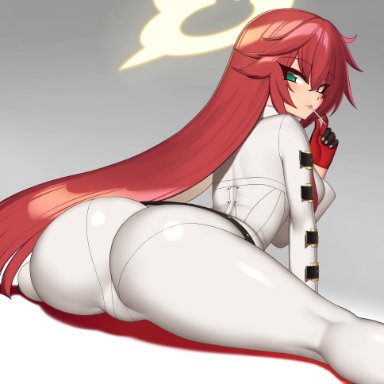 guilty gear, jack-o' valentine, kuroonehalf, 1girls, ass, big ass, big butt, eye contact, female, female focus, female only, fully clothed, long hair, looking at viewer, red eyes