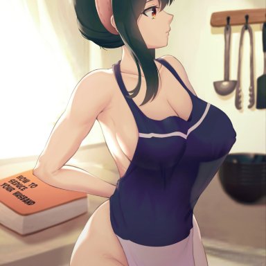 spy x family, yor briar, nsfw oa, 1girls, apron, ass, black hair, breasts, bubble butt, erect nipples, female, female only, hair ornament, hairband, hips