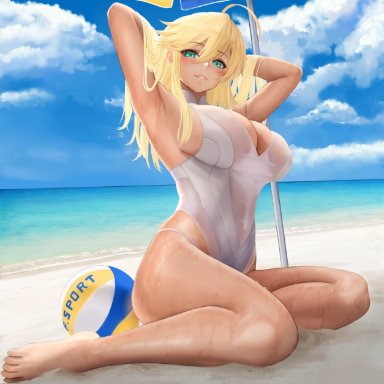 fate/grand order, fate (series), artoria pendragon, yamaneko (tkdrumsco), 1girls, armpits, arms behind head, arms up, ball, bangs, bare shoulders, beach, beach umbrella, beachball, blonde hair