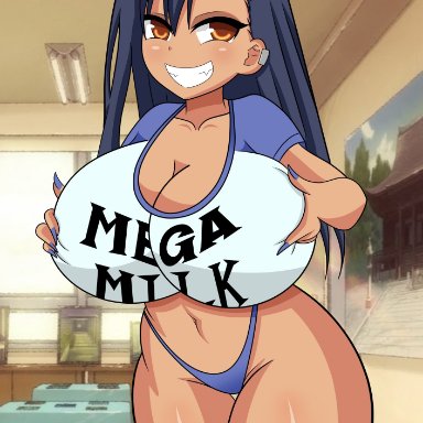 mega milk, please don't bully me, nagatoro, hayase nagatoro, raydonxd, 1girls, alternate breast size, big breasts, black hair, breasts, brown eyes, classroom, cleavage, clothed, clothing, curvy