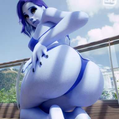 overwatch, widowmaker, stealthclobber, ass, ass focus, big ass, bikini, blue hair, blue skin, looking at viewer, looking down, public, thick thighs, thighs