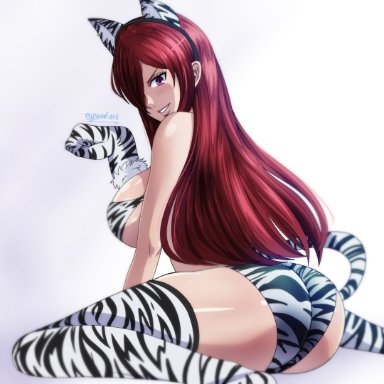 fairy tail, erza scarlet, musaed art, 1girls, animal ears, ass, big ass, big breasts, big butt, breasts, fake animal ears, female focus, female only, kneeling, legwear