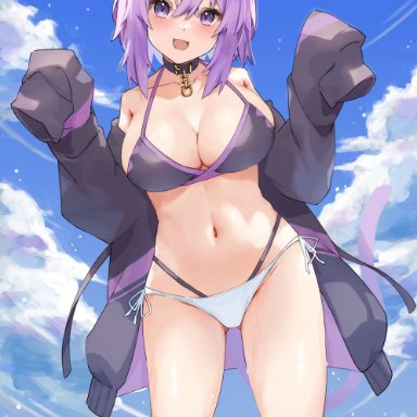 hololive, nekomata okayu, artist request, big breasts, bikini, catgirl, hoodie, hi res