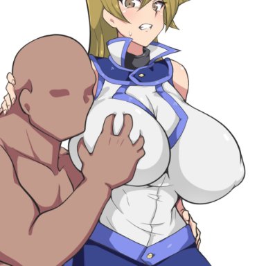 yu-gi-oh!, yu-gi-oh! gx, alexis rhodes, dd (artist), 1boy, 1girls, angry, blonde hair, breasts, clenched teeth, glaring, groping, groping from behind, large breasts, long hair