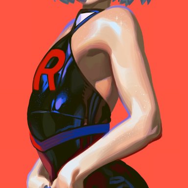 nintendo, pokemon, james (pokemon), team rocket, gloss (artist), 1boy, blue fingernails, blue hair, blue lipstick, dress, eyeliner, femboy, goth, green eyes, looking at viewer