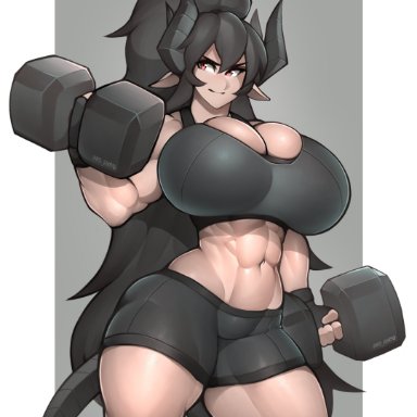 original, rd-rn, abs, bike shorts, black gloves, black hair, black horns, black tail, breasts, curvy, demon girl, demon horns, demon tail, dumbbell, eyebrows