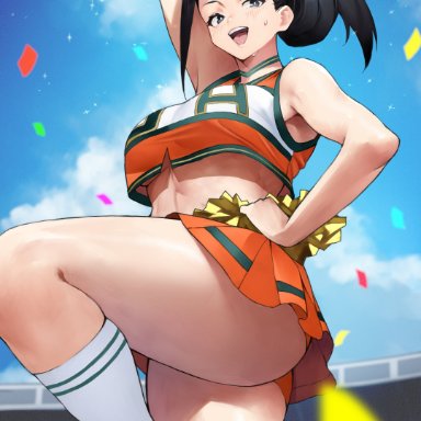 my hero academia, momo yaoyorozu, yoshi55level, 1girls, abs, armpits, big breasts, black hair, cheerleader, cheerleader uniform, female only, happy, ponytail, skirt, solo female