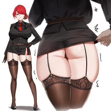 last origin, c-77 hongryeon, gg-e, 1girls, ass, back view, big ass, big breasts, big butt, black leather gloves, black skirt, black suit, breasts, brown g-string, brown stockings