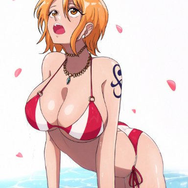 one piece, nami, opalisart, 1girls, ass, bare shoulders, big breasts, bikini, bracelet, breasts, butt crack, cleavage, clothing, earrings, eyelashes