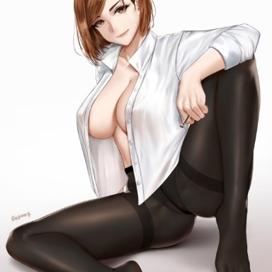 jujutsu kaisen, kugisaki nobara, easonx, 1girls, arm on knee, arm rest, between fingers, black legwear, blouse, breasts, brown eyes, brown hair, closed mouth, female, female focus