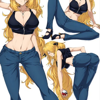 nintendo, pokemon, pokemon dppt, cynthia (pokemon), suzusiigasuki, 1girls, ass, blonde hair, breasts, cleavage, clothed, clothed female, female, female only, grey eyes