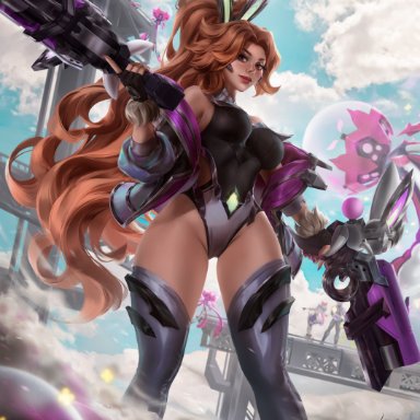 battle bunny series, league of legends, riot games, battle bunny miss fortune, miss fortune, nyahabi2112, 1girls, bare shoulders, bare thighs, big breasts, bodysuit, bunny costume, bunny ears, bunny girl, bunnysuit
