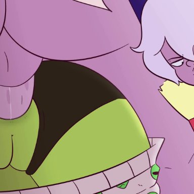 steven universe, amethyst (steven universe), peridot (steven universe), artist request, 1female, 1futa, 1girl, 1girls, all fours, anal, anal sex, back view, close-up, clothed, clothing