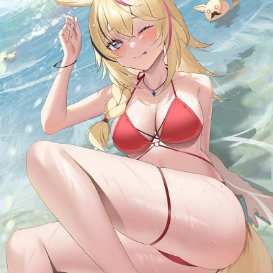 hololive, omaru polka, jmao, 1girls, :p, ahoge, animal ears, beach, bikini, blonde hair, blue sky, blush, bow, bowtie, bracelet