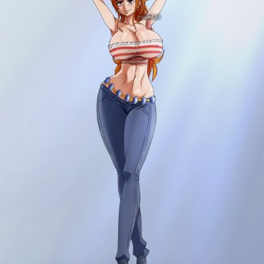 one piece, nami, musaed art, 1girls, big breasts, breasts, eye contact, female, female only, huge breasts, long hair, looking at viewer, orange hair, pants, solo