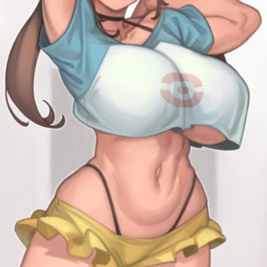 nintendo, pokemon, pokemon bw2, rosa (pokemon), kelvin hiu, 1girls, black panties, breasts, brown hair, crop top, female, female only, highleg panties, hips, huge breasts