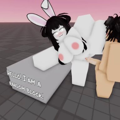 roblox, robloxian, troaitltlt, 1boy, 1girl, balls, big boobs, big breasts, big penis, black hair, blushing, breasts, bunny, bunny ears, legs spread