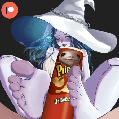 elden ring, fromsoftware, pringles, albinauric, ranni the witch, nyiccco, blue eyes, blue hair, blue skin, blush, feet, foot fetish, foot focus, foot play, footjob