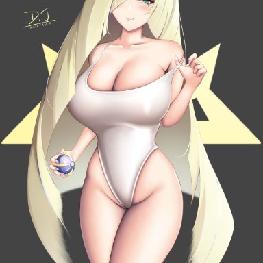 game freak, pokemon, pokemon sm, lusamine (pokemon), d.j (artist), 1girls, alternate hair color, big breasts, blonde hair, blush, breasts, female, female only, green eyes, hips