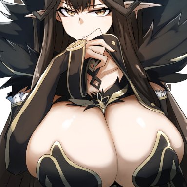 fate/grand order, fate (series), semiramis (fate), gin moku, 1girls, black dress, breasts, brown eyes, brown hair, cleavage, clothed, clothed female, dress, female, female only