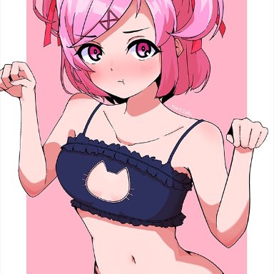 doki doki literature club, mizumori, annoyed, annoyed expression, arms, bare arms, bare legs, bare midriff, bare shoulders, bare stomach, belly button, bent arm, bent elbows, black bra, black panties