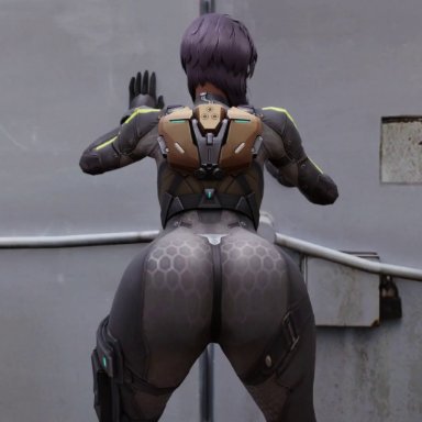 ghost in the shell, kusanagi motoko, kishi, kishi3d, 1girl, ass, ass focus, ass shake, black hair, bodysuit, from behind, huge ass, jiggle, medium hair, shiny