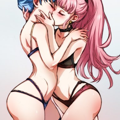 fire emblem, fire emblem: three houses, nintendo, hilda valentine goneril, marianne von edmund, minacream, 2girls, armpits, ass, back, bare arms, bare back, bare thighs, blue hair, blue nails