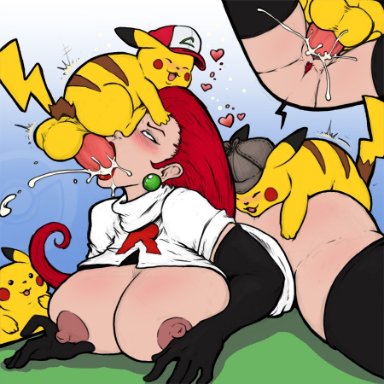 jessie (pokemon), pikachu, fleatrollus, big breasts, cum, cum in mouth, cum in pussy, group sex, interspecies, oral, pokephilia, size difference, small but hung, small dom big sub, vaginal penetration