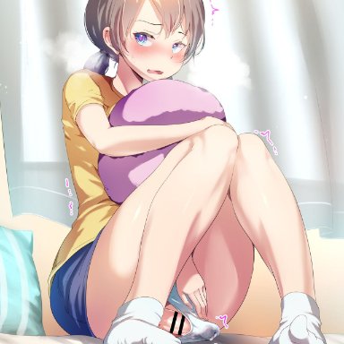 ayanakitori, 1futa, after ejaculation, after orgasm, blue eyes, blush, breasts, brown hair, clothed, clothing, cum, cum in clothes, cum in panties, cumdrip, erection