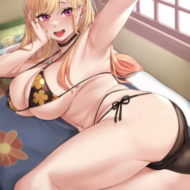 sono bisque doll wa koi wo suru, kitagawa marin, moisture (chichi), 1girls, armpits, ass, big breasts, bikini, blonde hair, blush, breasts, eye contact, female, female focus, female only