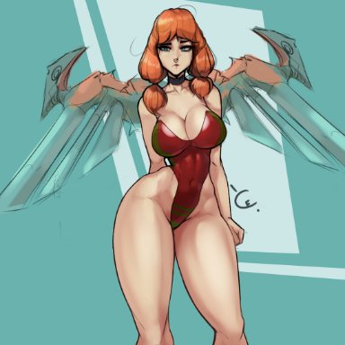 fortnite, the imagined (fortnite), cursedequinox, blue eyes, choker, fit, freckles, one-piece swimsuit, red hair, septum piercing, swimsuit, thick thighs, wings