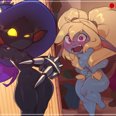 league of legends, poppy, veigar, yordle, huffslove, 2girls, blonde hair, blue skin, blush, breasts, nude, nude female, pointy ears, purple eyes, yellow eyes