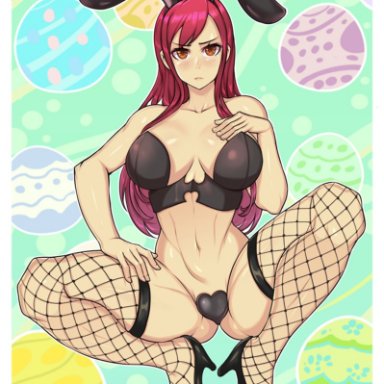 fairy tail, erza scarlet, redjet, 1girls, big breasts, blush, breasts, bunny ears, bunny girl, bunnysuit, covered pussy, eye contact, female, female focus, female only