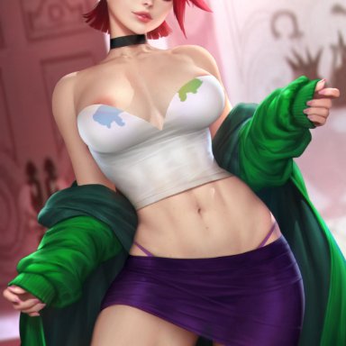 cartoon network, frankie foster, neoartcore, nudtawut thongmai, abs, areolae peeking, big ass, choker, clothed, crop top, ear piercing, earrings, fit, fit female, large breasts