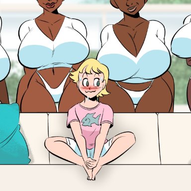 glassfish, 1boy, 4girls, age difference, big breasts, blonde hair, blush, breasts, cleavage, couch, dark-skinned female, dark skin, huge breasts, imminent sex, large breasts