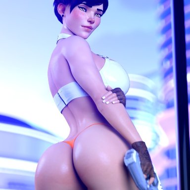 blizzard entertainment, overwatch, slushe (website), tracer, str4hl, 1girls, abs, ass, clothed, clothing, depth of field, female, female only, holding gun, holding object