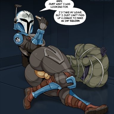 star wars, star wars rebels, bo-katan kryze, imperial officer, mandalorian, imadeej, 2girls, armor, asphyxiation, ass, background, belt, blonde hair, bondage, boots