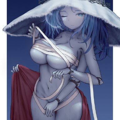 elden ring, fromsoftware, ranni the witch, ojoniiart, 4 arms, bandages, big breasts, blue eyes, blue hair, blue skin, bottomless, cleavage, cracked skin, doll joints, female