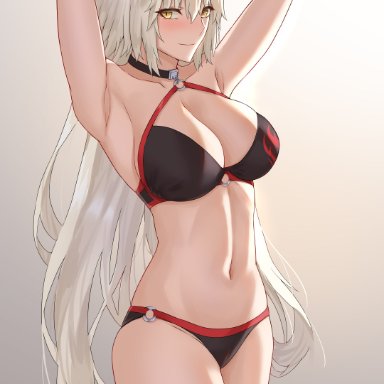 fate/grand order, fate (series), jeanne alter, jeanne d'arc (fate), freed turing, 1girls, ahoge, armpits, arms behind head, arms up, bare legs, big breasts, bikini, blush, breasts