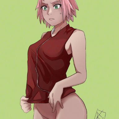 naruto, naruto (series), naruto shippuden, sakura haruno, aldwelter, almost naked, bare arms, bare legs, bare shoulders, bare thighs, bottomless, bottomless female, female, female only, green eyes