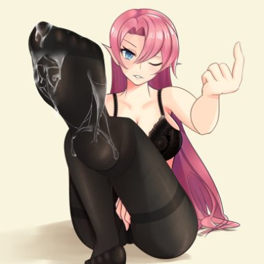 azur lane, duke of york (azur lane), roryame, black bra, black legwear, blue eyes, bra, cum, cum on feet, feet, foot fetish, grin, inviting, leg up, legs