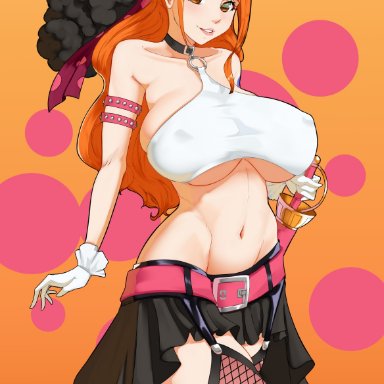 one piece, one piece film red, nami, 47 hard, 1girls, breasts, eye contact, female, female focus, fishnet legwear, hat, huge breasts, legwear, long hair, looking at viewer