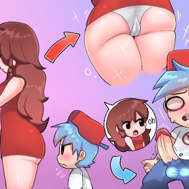 friday night funkin, boyfriend (friday night funkin), girlfriend (friday night funkin), aemnaka, !, 1boy, 1girls, ?, ass, background, blue balls, blush, breasts, erection, female