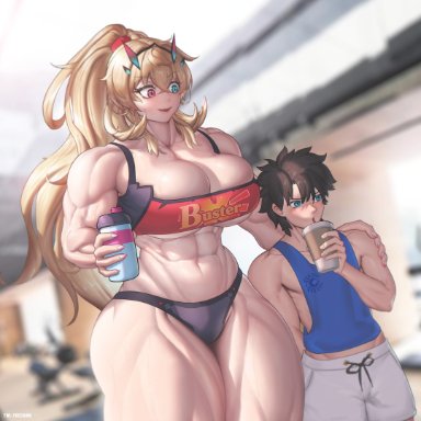 fate/grand order, fate (series), fairy knight gawain (fate), fujimaru ritsuka (male), the freeman, 1boy, bangs, bare shoulders, blonde hair, breasts, brown hair, buster shirt, cleavage, drinking straw, drinking straw in mouth