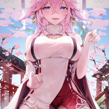 genshin impact, yae miko, yamiiv, clothed, clothing, eye contact, pink hair, thighs, tagme