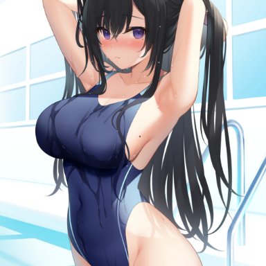 original, miko (royal milk), 1girls, armpit crease, armpit fetish, armpits, arms behind back, big ass, big breasts, black hair, blush, closed mouth, collarbone, drenched, embarrassed